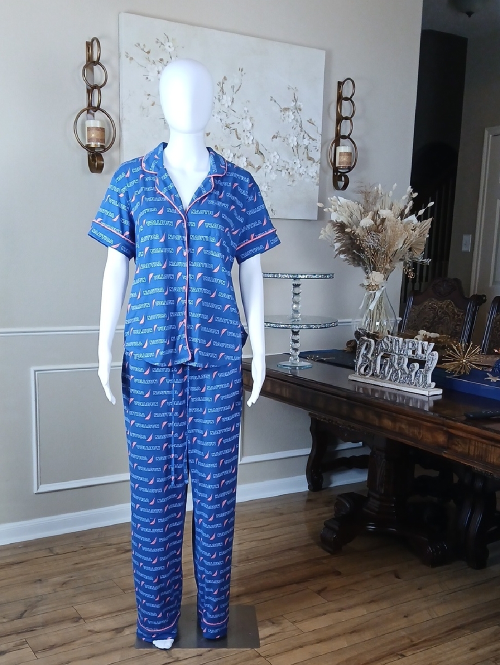 Women's  Nautica Blue And Pink Logo Lounge Pajama Set Relaxed Fit Medium